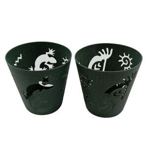 Set Of 2 Metal Votive Candle Holders With Tribal Gecko Kokopelli & Sun Design